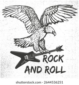 American Eagle Carrying a Electric Guitar. Rock And Roll Poster Graphic Design