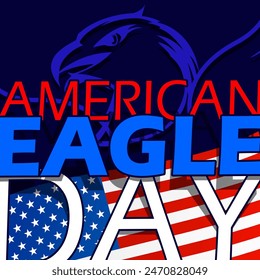 In: American Eagle Day Event Banner.  Kühner Text mit amerikanischer Flagge und Adler-Illustration auf dunkelblauem Hintergrund zur Erinnerung an den 20. Juni