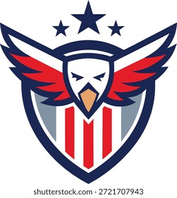 Emblema de águila americana con las alas extendidas y el logotipo de pájaro de escudo rayado