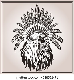 American Eagle in ethnic Indian headdress with feathers. In graphic stencil style. Totem animal. Vector illustration