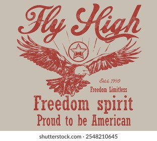 American eagle. Fly high artwork. Freedom forever. Rock star design. Eagle fly vector artwork for t shirt and others. Rock and roll graphic print design for apparel, stickers, posters and background.