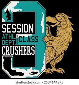 Ilustração de águia americana com texto, números e patches em estilo universitário ou universitário, design inspirado em faculdades de lendas esportivas, águia em forma heráldica.