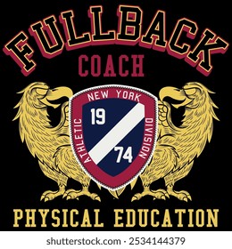 American eagle illustration with text, numbers and patches in varsity or college style, sports legends college inspired design, eagle in heraldic form.
