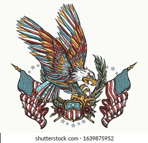 American eagle, laurel branches and crossed USA flags. Patriotic emblem. United states concept. Tattoo and t-shirt design 