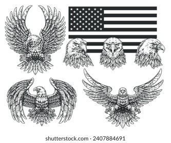 American eagle monochrome set emblems with US political flag and formidable bird symbolizing United States vector illustration