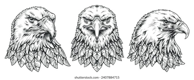 American eagle monochrome set stickers with bald eagle with angry grimace turning in different directions vector illustration