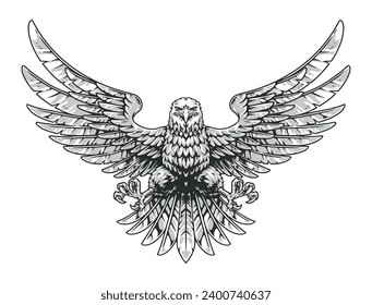 American eagle monochrome vintage sticker with flying bird putting its paws forward to grab its prey vector illustration