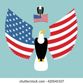 American Eagle. Most powerful Bird and US Flag. Emblem for America. Winged predator with wings. State patriotic symbols
