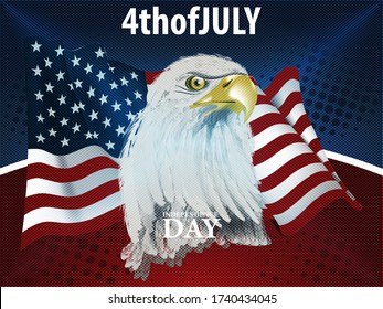 American Eagle on Flag of the United States background. Bald Eagle, symbol of American freedom, perched in front of an American flag. United States of America patriotic flyer or banner. Vector EPS 10