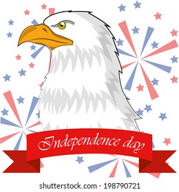 an American eagle with a red ribbon with text within a colored background 