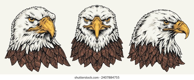 American eagle set stickers colorful bald eagle looking in different directions with frown and wanting to attack victim vector illustration