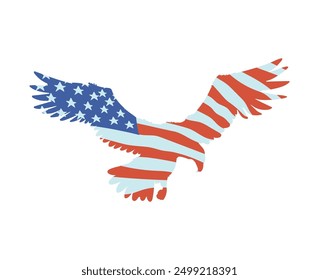 American eagle silhouette in USA flag colors for Independence Day design. A perfect vector stencil of a soaring bald eagle suitable for patriotic themes.