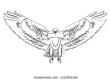 american eagle spread wings with ribbon in the beak