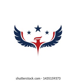 American eagle with three stars on top in red and blue color tone