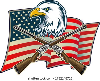 Águila americana con bandera de los Estados Unidos y rifles cruzados.