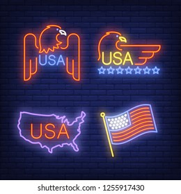 American eagle, USA flag and map neon signs set with text. USA symbols design. Night bright neon sign, colorful billboard, light banner. Vector illustration in neon style.