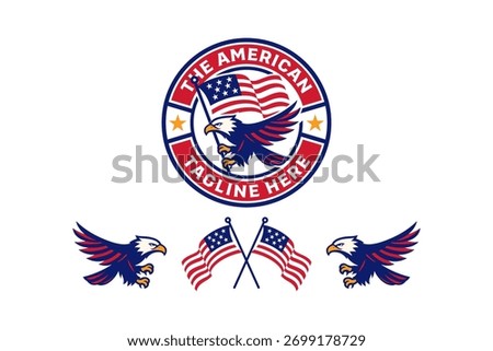 American eagle with USA flag modern badges logo design set for national and independence day. Patriotic USA with eagle flying and griping flag vector illustration element design pack for celebration