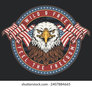 American eagle vintage flyer colorful with menacing bird and national flag inside round frame for patriotic clothing design vector illustration