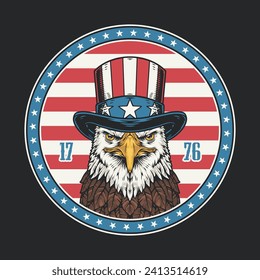 American eagle vintage flyer colorful formidable bird in hat near numbers 1776 symbolizing year declaration independence was signed vector illustration svg