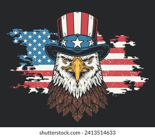 American eagle vintage poster colorful bird with evil look in hat in colors USA flag for clothing design vector illustration