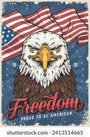 American eagle vintage poster colorful with menacing bird with large beak and flag of America near number 1991 vector illustration