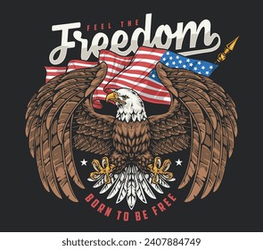 American eagle vintage sticker colorful with proud bird and national flag for patriotic clothing design vector illustration