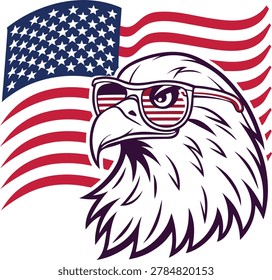 American eagle wearing sunglasses in front of us flag
