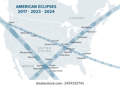 American Eclipses of 2017, 2023 and 2024, political map. Paths of the Annular Solar Eclipse of October 14, 2023, and the Total Solar Eclipses of August 21, 2017, and April 8, 2024, with major cities.