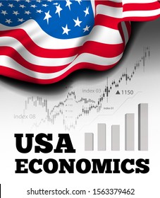 American economics vector illustration with flag of the USA and business chart, bar chart stock numbers bull market, uptrend line graph symbolizes the growth up