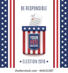 American Election 2016 background with Ballot box and Voter Registration Application form. Vector illustration.