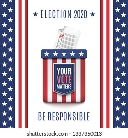 American Election 2020 background with Ballot box and Voter Registration Aplication. Abstract background. Vector illustration.