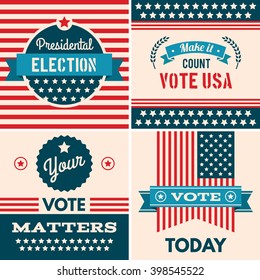 American Election Badges And Vote Logo Graphics, Design Elements, Election United States, Banner Collection To Encourage Voting 2016 Elections. Vintage Elections, Campaign And Voting Signs Set.