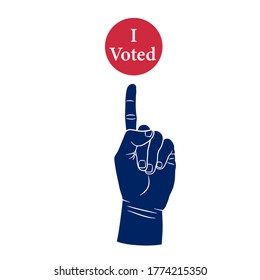 American Election Concept - Hand With Points On I Voted Sticker Or Button. Vote, Voting Campaign Sticker. American Political Presidential Election. I Voted Badge For Election Day. Vector Illustration