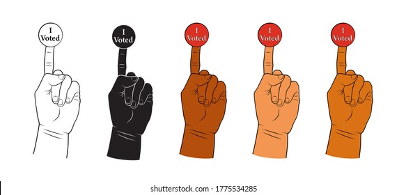 American election concept - hand with i voted sticker on the finger. Vote, voting campaign sticker. American political presidential election. I voted badge for election day. Vector illustration