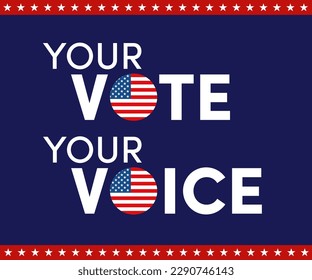 American election voting vector banner or poster. Political election campaign. Rock the vote, go vote, your vote your voice. Red white and blue American flag flyer or sign design. Ballot box vote.