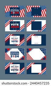 American election voting vector social media banner poster. Political election campaign. Rock the vote, go vote, your vote your voice. American flag flyer. Presidential election 2024.