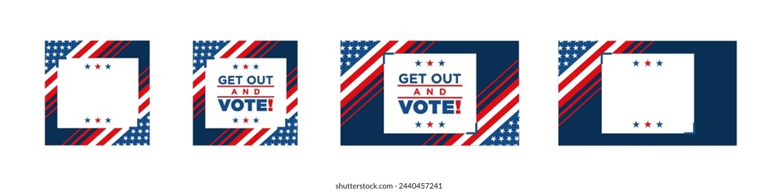 American election voting vector social media banner poster. Political election campaign. Rock the vote, go vote, your vote your voice. American flag flyer. Presidential election 2024.