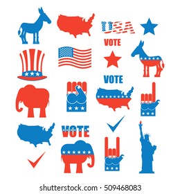 American Elections icon set. Republican elephant and Democratic donkey. Symbols of political parties in America. Statue of Liberty and USA map. Fist and Uncle Sam hat