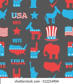 American Elections seamless pattern. Republican elephant and Democratic donkey ornament. Symbols of political parties in America bacground. Statue of Liberty and USA map. Fist and Uncle Sam hat.  