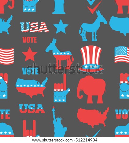 American Elections seamless pattern. Republican elephant and Democratic donkey ornament. Symbols of political parties in America bacground. Statue of Liberty and USA map. Fist and Uncle Sam hat.  