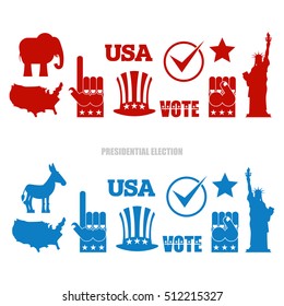 American Elections sign set. Republican elephant and Democratic donkey. Symbols of political parties in America. Statue of Liberty and USA map. Fist and Uncle Sam hat
