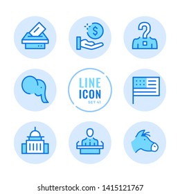 American Elections Vector Line Icons Set. Voting, Politics, United States Political Party, Government, Ballot Box Outline Symbols. Thin Line Design. Modern Simple Stroke Graphic Elements. Round Icons
