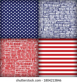 Bei den amerikanischen Wahlen werden nahtlose Wahlmuster gewählt. Sammlung von Mustern mit demokratischen Slogans der Zivilgesellschaft, Sternen und Streifen Flaggenzeichen. Design für Werbeprodukte und Druckerzeugnisse