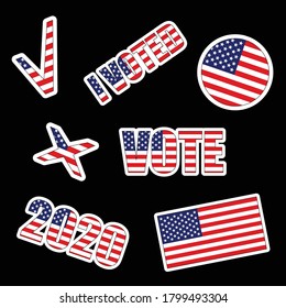 american elections vote vector illustration set. collection of badge patch stickers with democratic civil society slogans, stars and stripes flag elements. ready-made design for advertising printing