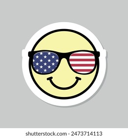 Amerikanische Emoji, Streifen und Sterne Sonnenbrille Aufkleber, USA Flaggenfarben 4. Juli Vektorgrafik Designelement