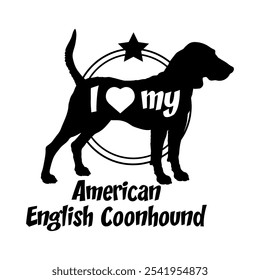 American English Coonhound cão silhueta, eu amo meu cão, cão, raças de cães, logotipo, vetor, silhueta, animal, ilustração, ícone, sinal, preto, animal de estimação,