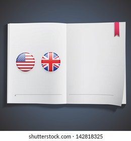 American and English icon printed on white book. Vector design.