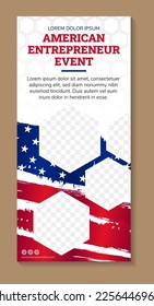 american entrepreneur event banner design template use vertical layout. roll up mockup white background combined retro US flag element with grunge style. hexagon line pattern. space of photo collage.