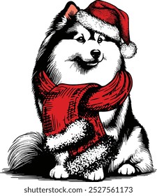 American Eskimo breed in red hat of Santa Claus, Funny Christmas Dog, Dog Christmas Winter Holiday , Cute Christmas Dog