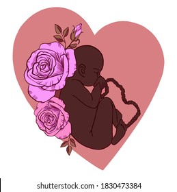 American Ethiopian child fetus inside a red heart, with blossoming roses. Illustration of a baby on flowers and leaves. Vector icon. For cards, posters, coloring book,for scientific journals book